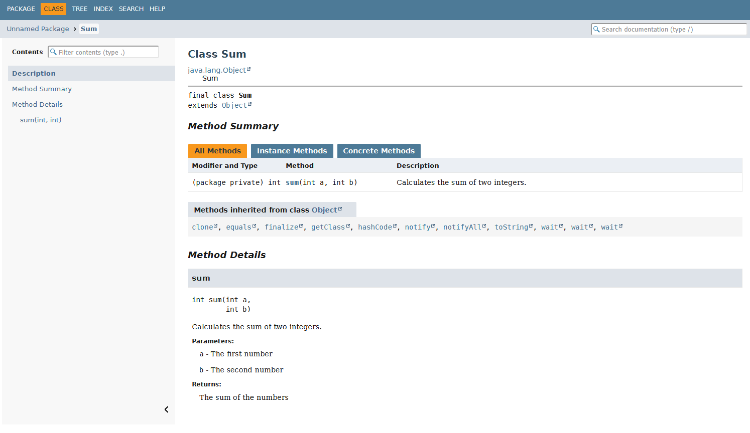 Image of the generated documentation. It may look familiar if you have explored Java's own documentation.
