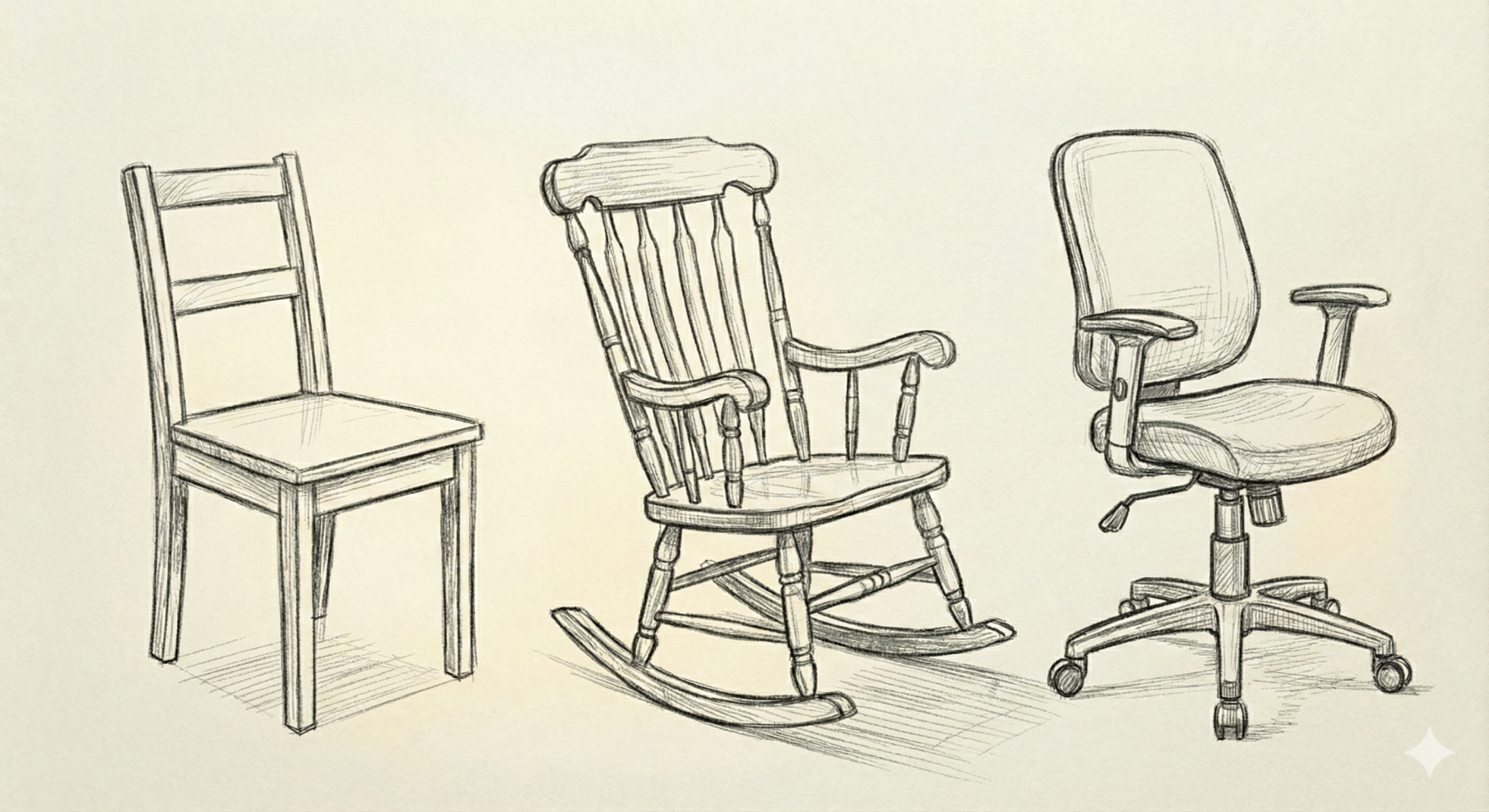 The idea of an abstract class can be illustrated using chairs: a wooden chair, rocking chair, and office chair are all chairs that specialize the concept of a "seat".
